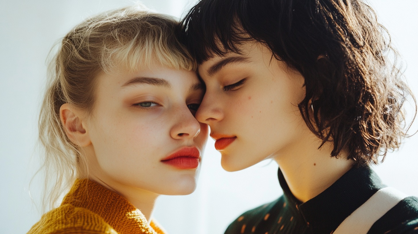 Two women in soft lighting, leaning close to each other with serene expressions, conveying a sense of intimacy and affection