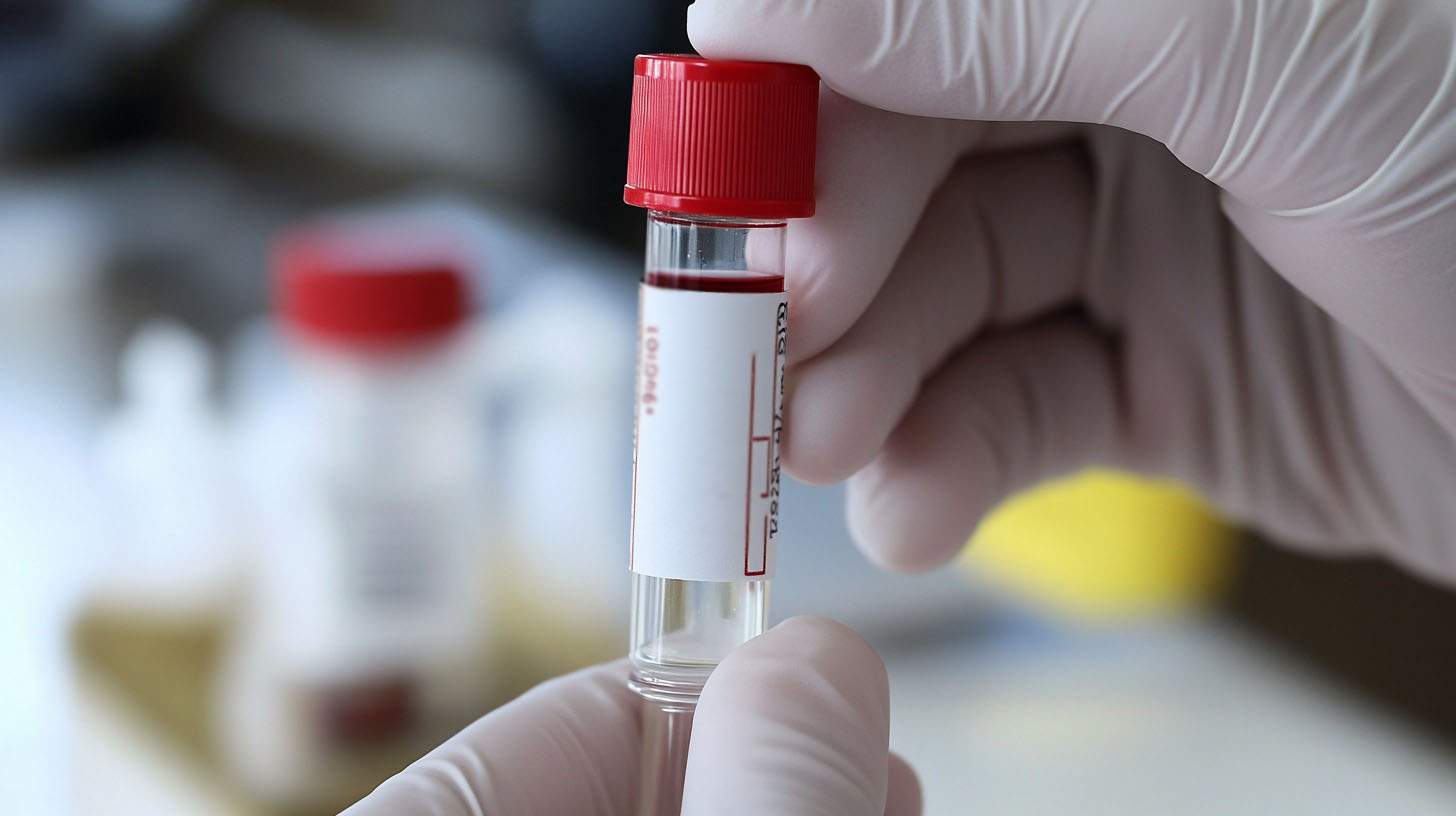 A gloved hand holding a blood sample in a test tube with a red cap, in a laboratory setting