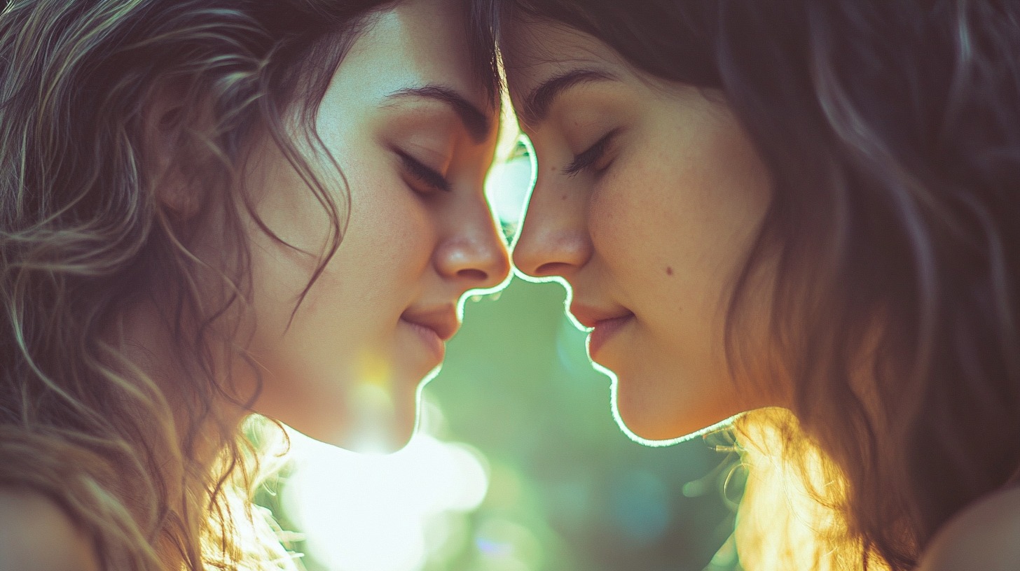 Two women with wavy hair gently touching foreheads with their eyes closed, bathed in soft, golden sunlight