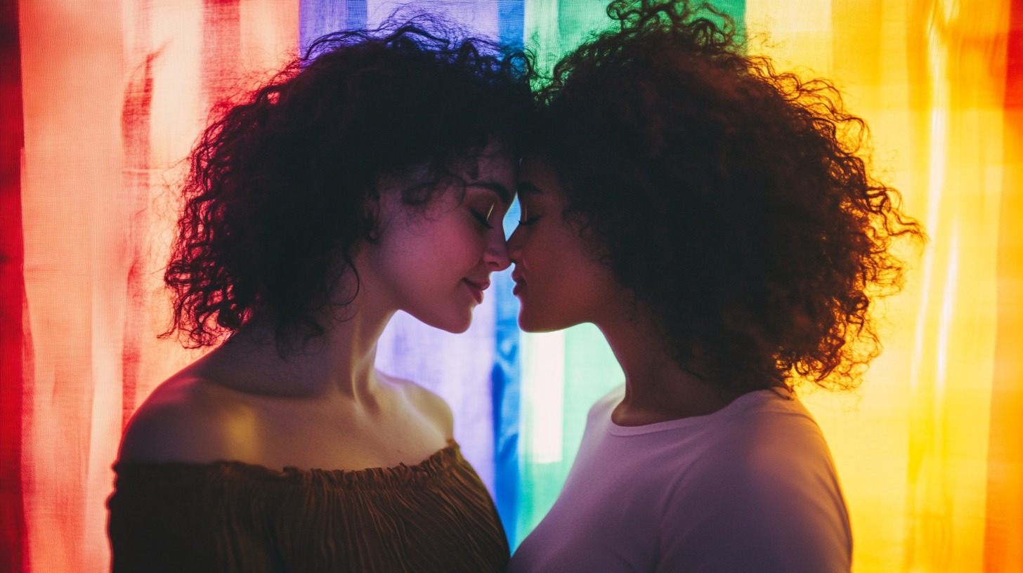 Two women with curly hair gently touching foreheads in front of a rainbow flag, expressing love and intimacy