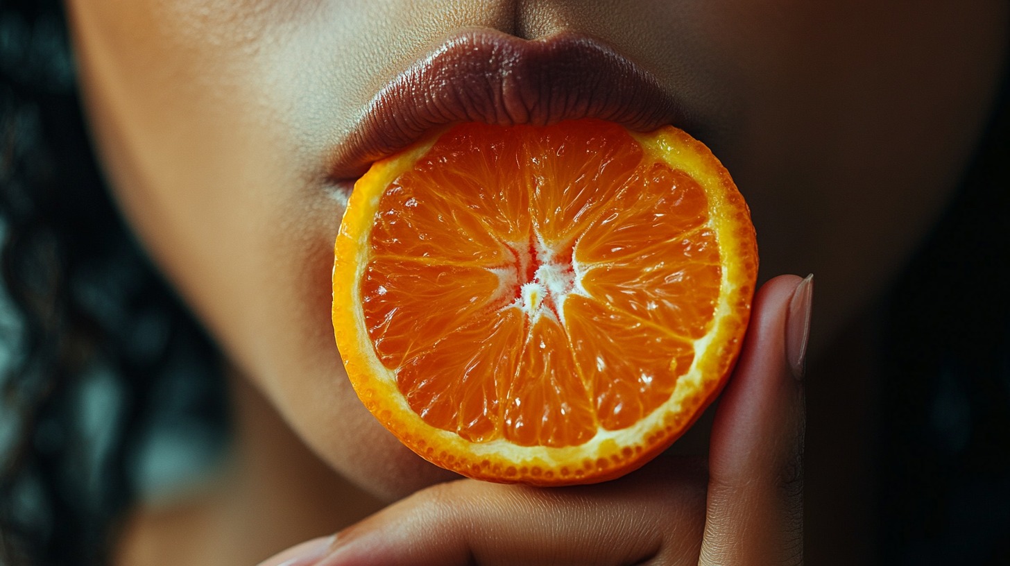 Close-up of a person’s lips gently holding a juicy orange slice, highlighting vibrant colors and rich textures