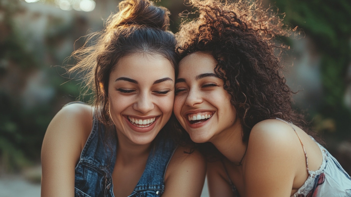 Two young women with curly and wavy hair, laughing closely together in the sunlight, radiating happiness and warmth